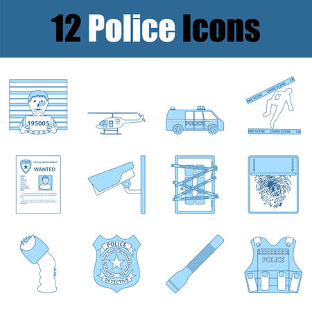 Police Icon Set. Thin Line With Blue Fill Design. Vector Illustration.のイラスト素材