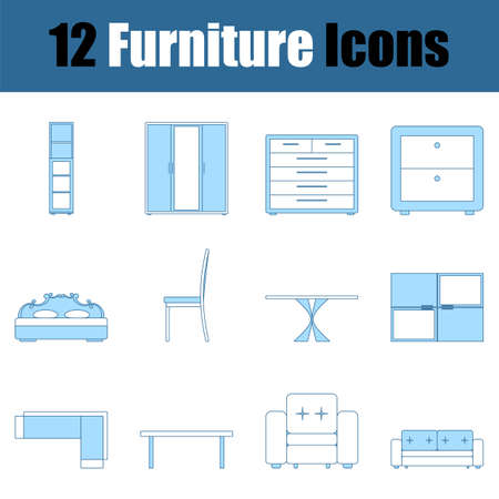 Furniture Icon Set. Thin Line With Blue Fill Design. Vector Illustration.のイラスト素材