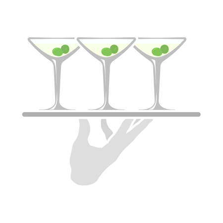 Waiter Hand Holding Tray With Martini Glasses Icon. Flat Color Design. Vector Illustration.のイラスト素材