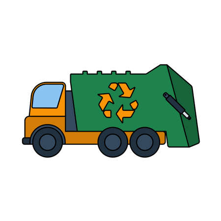 Garbage Car With Recycle Icon. Outline With Color Fill Design. Vector Illustration.のイラスト素材