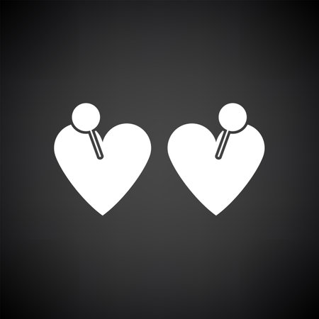 Two Valentines Heart With Pin Icon. White on Black Background. Vector Illustration.のイラスト素材
