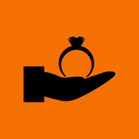 Hand Present Heart Ring Icon. Black on Orange Background. Vector Illustration.のイラスト素材