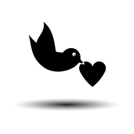 Dove With Heart Icon. Black on White Background With Shadow. Vector Illustration.のイラスト素材