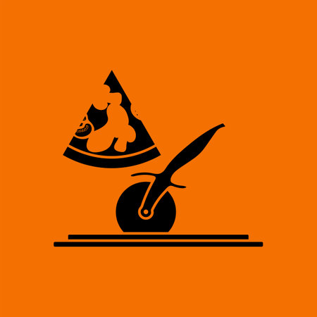 Pizza With Knife Icon. Black on Orange Background. Vector Illustration.のイラスト素材