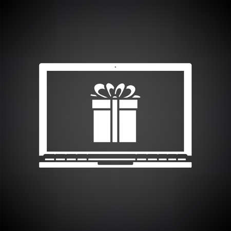 Laptop With Gift Box On Screen Icon. White on Black Background. Vector Illustration.のイラスト素材