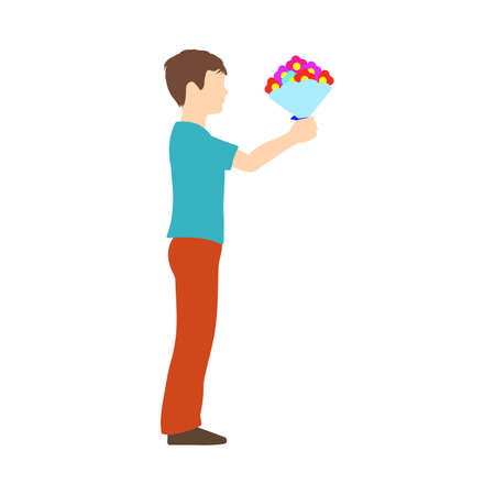Mother's Day Icon. Boy gifting bouqet. Flat Color Design Vector Illustration.のイラスト素材