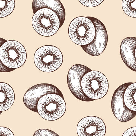 Seamles Pattern Of Kiwi. Hand Drawn Sketch. Retro Vintage Design. Vector Illustration.