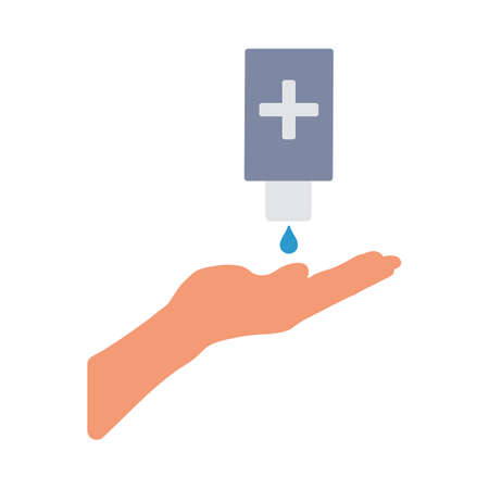 Prevention of Coronavirus Disease 2019 (COVID-19). Sanitizer With Hand Icon. Flat Color Design. Vector Illustration.のイラスト素材