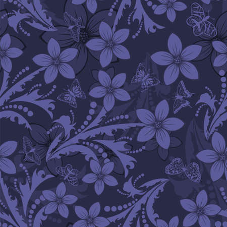 Floral seamless vector pattern. Elegant design in Very Peri color, modern color of 2022 year. Floral and swirl element. Ideal for textile prints and wallpapers.のイラスト素材