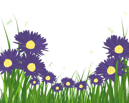 Green spring meadow grass. Fresh color plants, seasonal growth grass, separated botanical elements, herbs. Natural lawn bushes, floral border. Vector Illustration.のイラスト素材