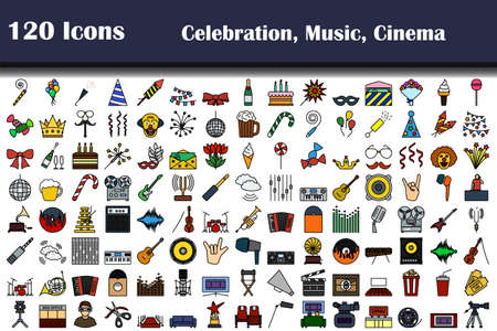 Set of 120 icons. Party, Music, Cinema themes. Editable Bold Outline With Color Fill Design. vector illustration.のイラスト素材