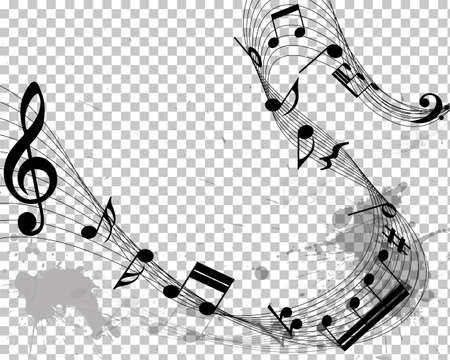 Musical Design From Music Staff Elements With Treble Clef And Notes On Transparent Grunge Background With Copy Space. Shadow With Transparency; Elegant Creative Design. vector illustration.のイラスト素材