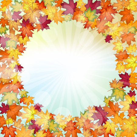 Autumn frame with blowing maple leaves over fall vanilla sky background with sunlight rays and glows. Elegant warm autumn leaf design. vector illustration.のイラスト素材