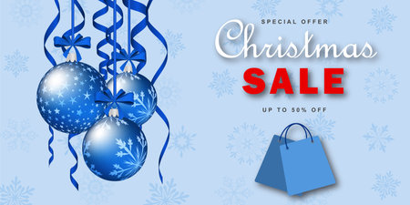 Christmas sale banner with decoration balls and ribbons. Christmas decoration on a blue snowflakes background. Festive design for the winter holidays, events, discounts, and sales. vector illustration.のイラスト素材