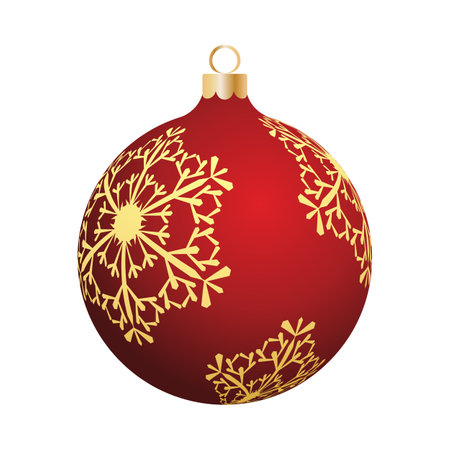 Christmas decoration red glass ball with snowflakes ornate. Festive design element for the winter holidays, events, discounts, and sales. vector illustration.のイラスト素材