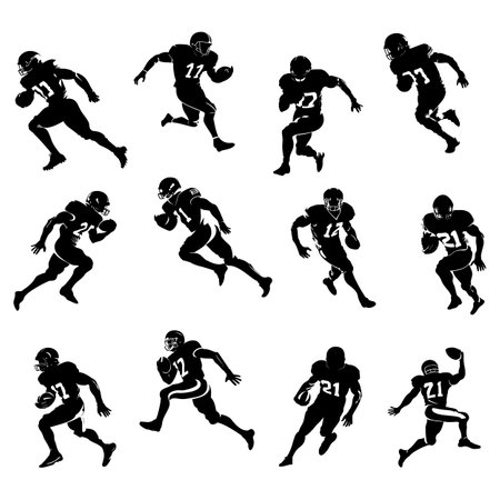 American football player silhouette Set. Running isolated athlete. Running rugby man, team sport. Very detailed and smooth lines. vector illustration.のイラスト素材
