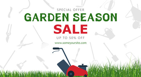 Garden Season Sale banner with gardening tools on green background. Suitable for use with card, poster, sales, fest. vector illustration.のイラスト素材