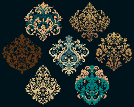 Damask baroque ornament set. Ornate element for design in Victorian style. It can be used for decorating of wedding invitations, greeting cards, decoration for bags and clothes. vector illustration.のイラスト素材