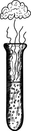 A black and white illustration of a chemical reaction in a flask.のイラスト素材