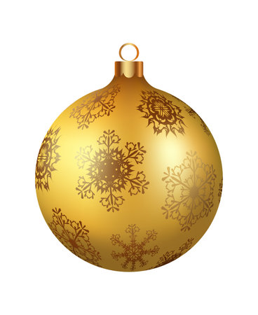 Christmas decoration golden glass ball with snowflakes ornate. Festive design element for the winter holidays, events, discounts, and sales. Vector illustration.のイラスト素材
