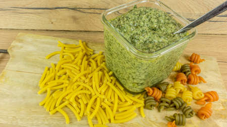 Fresh Pesto with basil and olive oil with noodlesの写真素材