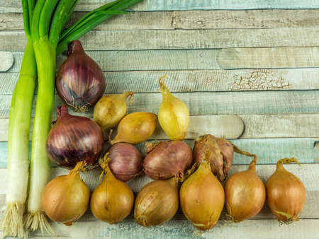 Various types of onions on a rustic wooden table