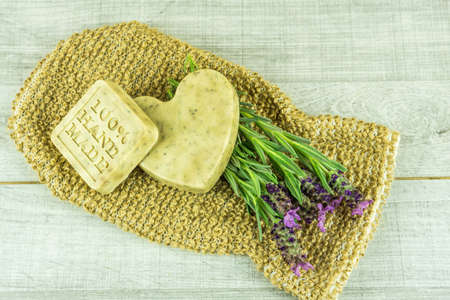 Handmade soap with lavender and other accessoriesの写真素材