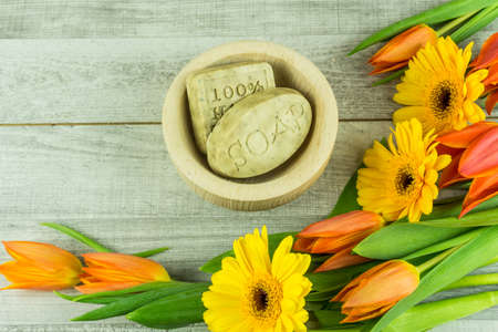 Handmade lavender soap with tulips and other accessoriesの写真素材