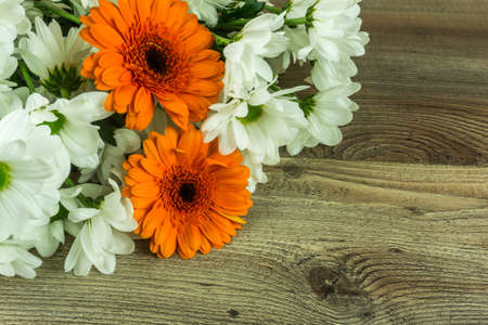 Colored gerbera flowers on a rustic wooden table as a backgroundの写真素材
