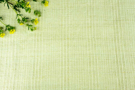 Linen fabric in natural colors with flowers as backgroundの写真素材