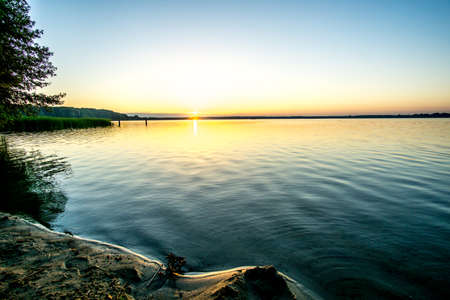 Lake with reeds at sunrise in a nature reserveの写真素材