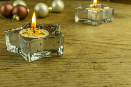 Christmas decoration with christmas balls and candlesの写真素材
