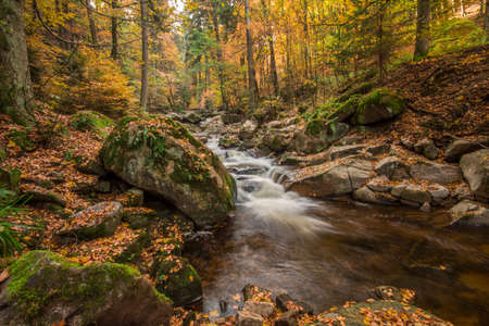 Mountain stream with waterfall in an autumn forest. time exposureの写真素材