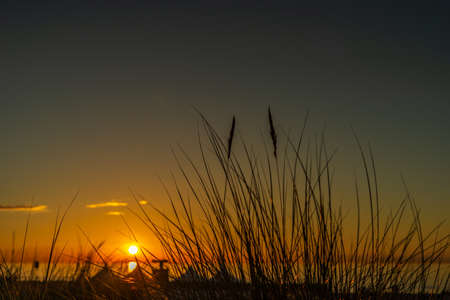 A view through dunes on the beach with a beautiful sunsetの写真素材
