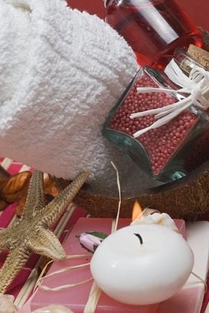 Spa background with hygiene items in red.の写真素材