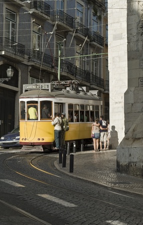 Classic tram on the streets of Lisbon in Portugal, Europe.のeditorial素材