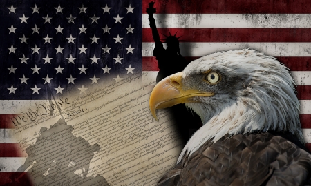Bald eagle and the silhouette of the statue of liberty and the Marine Corps War Memorial monument with some historical documents on the american flag Bald eagle and the silhouette of the statue of liberty and the Marine Corps War Memorial monument with some historical documents on the american flag