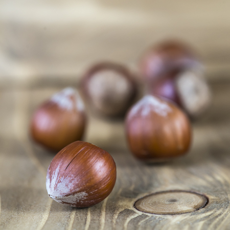 Some hazelnuts on an old wooden backgroundの写真素材