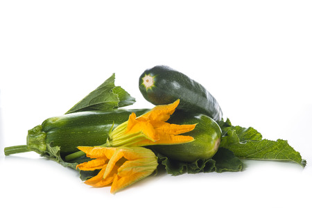 Zucchini with leaves and flowers isolated on a white backgroundの写真素材