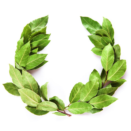Laurel wreath made of dried branches and leaves isolated on a white backgroundの写真素材