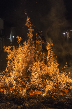 Men rides his horses through the fire in the traditional celebration of Saint Anthony's day in the small village of San Bartolome de Pinares in Spainの写真素材