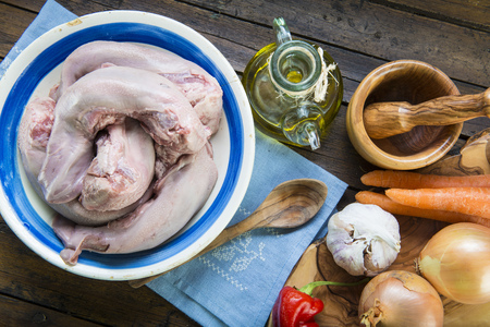 Raw and fresh pork tongues meat and ingredients to cookの写真素材