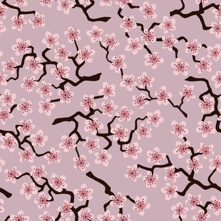 Seamless pattern with blossoming Japanese cherry sakura branches for fabric,packaging,wallpaper,textile decor,design, invitations,cards,print,gift wrap,manufacturing.Pink flowers on pink backgroundの写真素材