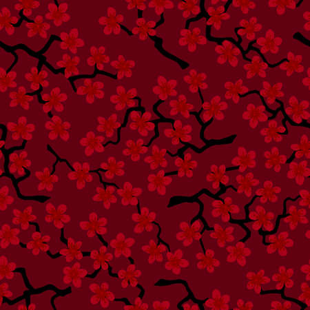 Seamless pattern with blossoming Japanese cherry sakura branches for fabric, packaging, wallpaper, textile decor, design, invitations, print, gift wrap, manufacturing.Red flowers on burgundy backgroundの写真素材