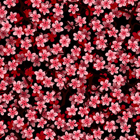 Seamless pattern with blossoming Japanese cherry sakura branches for fabric, packaging, wallpaper, textile decor, design, invitations, print, gift wrap, manufacturing.Pink flowers on black backgroundの写真素材