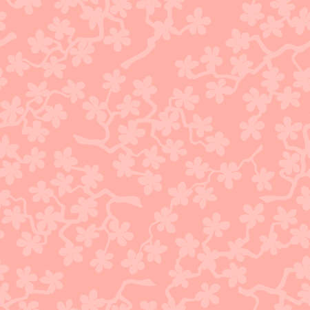Seamless pattern with blossoming Japanese cherry sakura branches for fabric, packaging, wallpaper, textile decor, design, invitations, print, gift wrap, manufacturing. Pink flowers on coral backgroundの写真素材