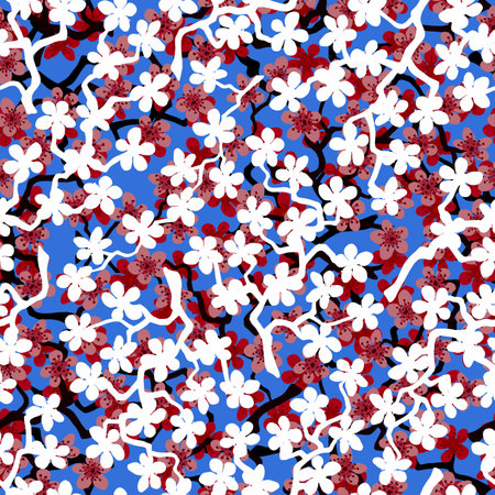 Seamless pattern with blossoming Japanese cherry sakura branches for fabric,packaging,wallpaper,textile decor,design, invitations,gift wrap,manufacturing.Pink and white flowers on cyan backgroundの写真素材