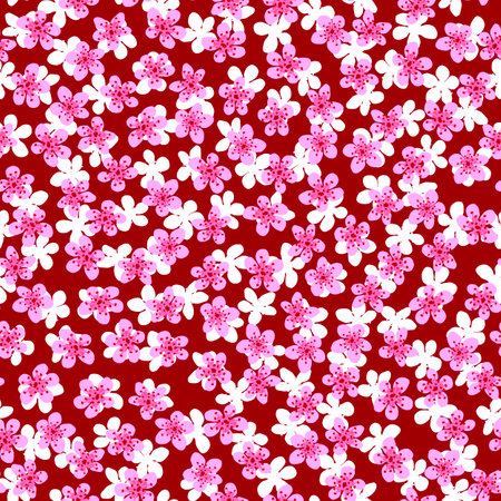Seamless pattern with blossoming Japanese cherry sakura for fabric,packaging,wallpaper,textile decor,design, invitations,print,gift wrap,manufacturing.Pink and white flowers on red backgroundの写真素材