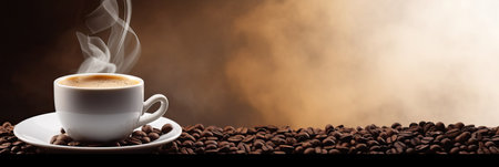 Cup of hot coffee with coffee beans on brown background.Long photo banner for website header design with copy space. Cafe menu concept idea backgroundの素材