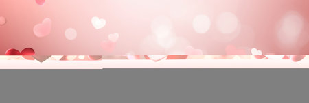 St. Valentines day, wedding banner with abstract illustrated red, pink flying hearts on pink bokeh background. Use for cute love sale banners, vouchers or greeting cards. Concept love, copy space.の素材